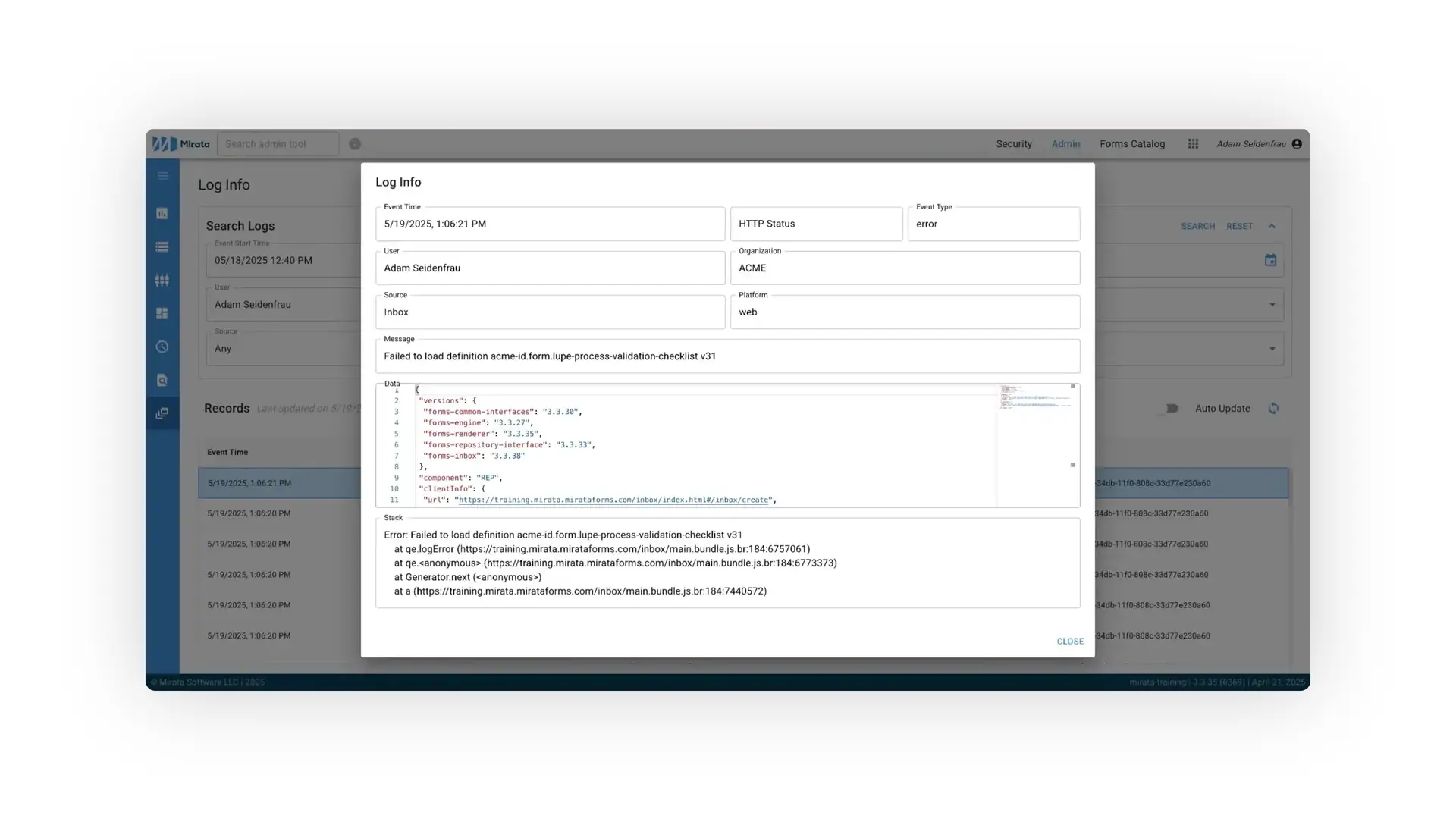 Mirata platform error log information screen showing details of a specific error event.