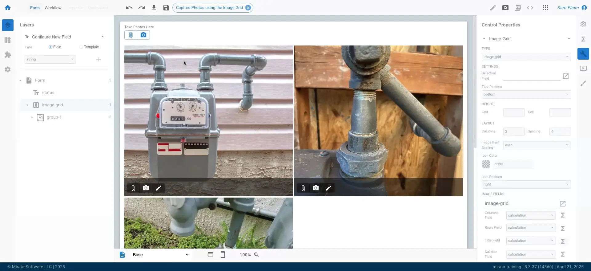 Mirata platform interface showing form configuration with image grid and control properties.