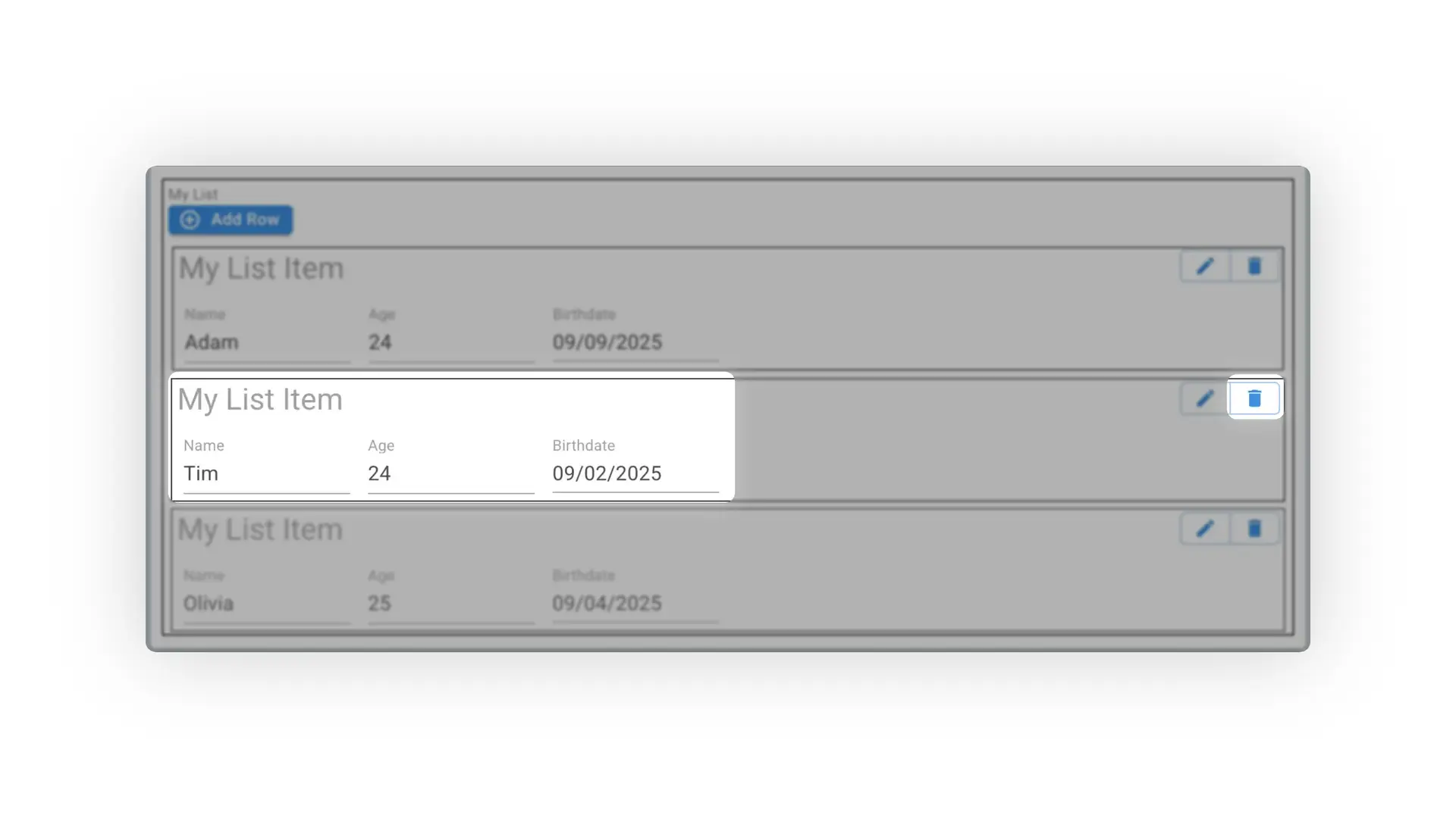 Mirata Forms - My List section with list items and Add Row button
