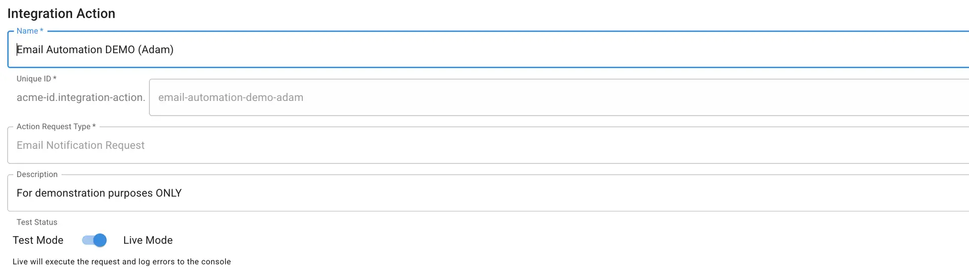 Mirata Integration Action setup screen for Email Automation workflow