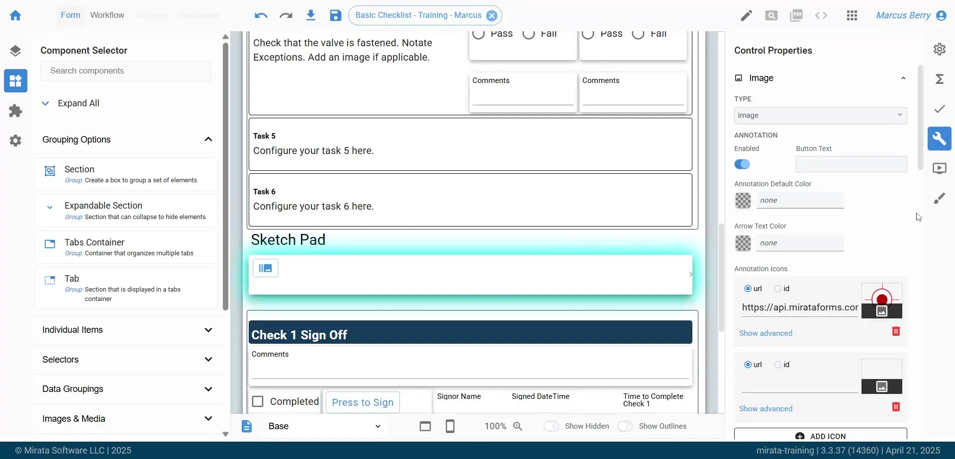 The screenshot shows the Mirata platform's form design interface, specifically focusing on the 'Sketch Pad' section and image annotation options within the control properties.