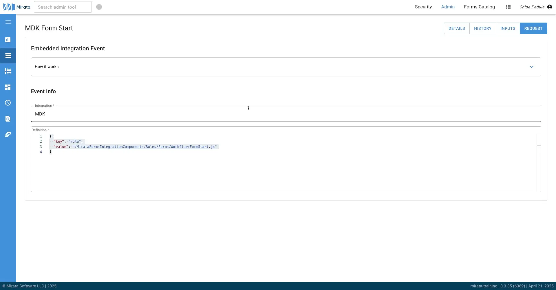 Mirata MDK Form Start page showing Embedded Integration Event with JSON definition and integration options.