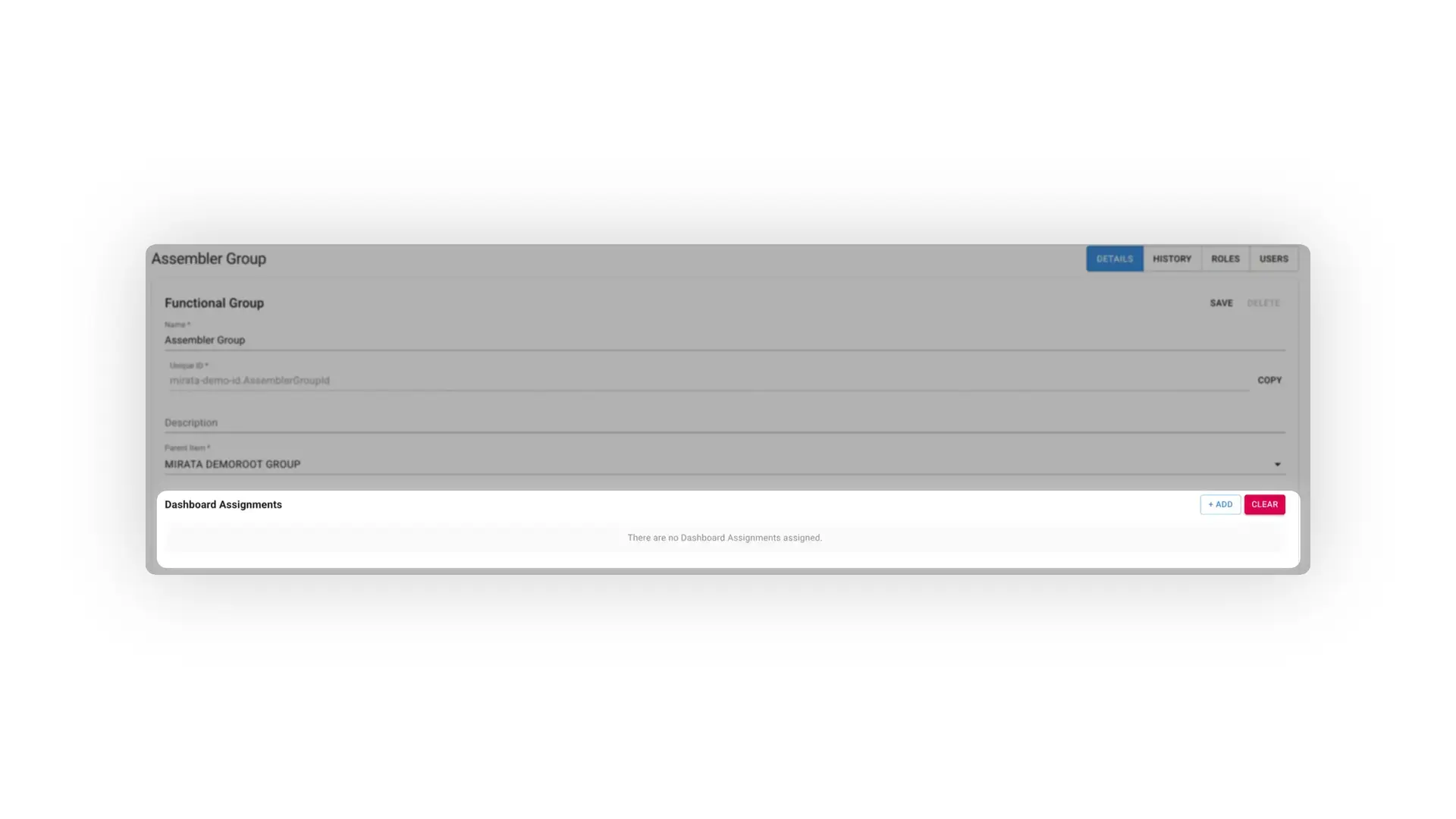 Mirata Assembler Group Details page showing functional group management options.