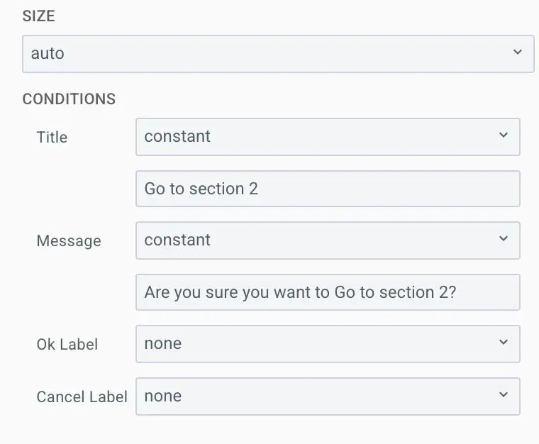 Mirata workflow dialog configuration screen showing size and conditions settings.