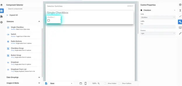 Mirata platform interface showing Single Checkbox configuration in Selector Switches section.
