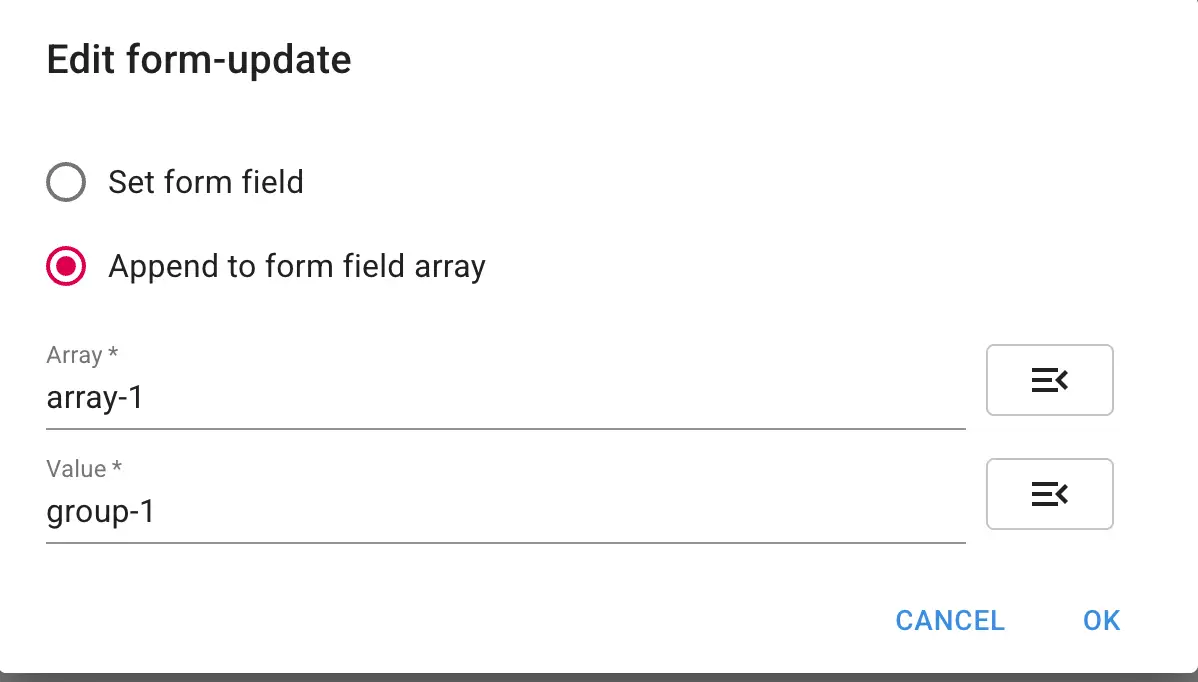 Edit form-update screen in Mirata Forms feature for appending to form field array.
