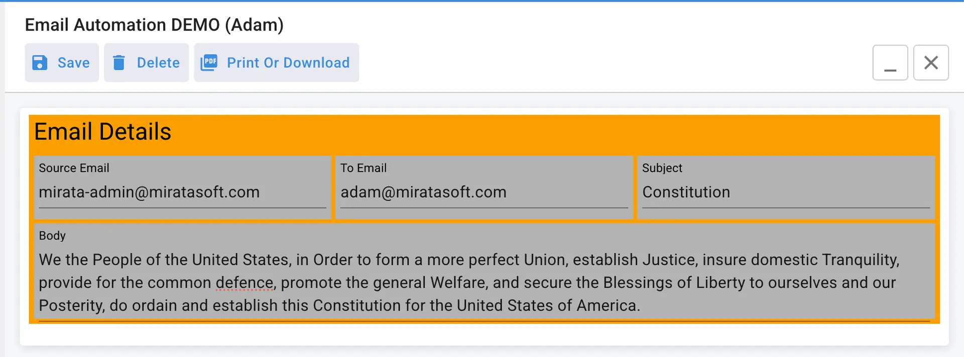 Mirata Email Automation DEMO interface showing email details for workflow automation.