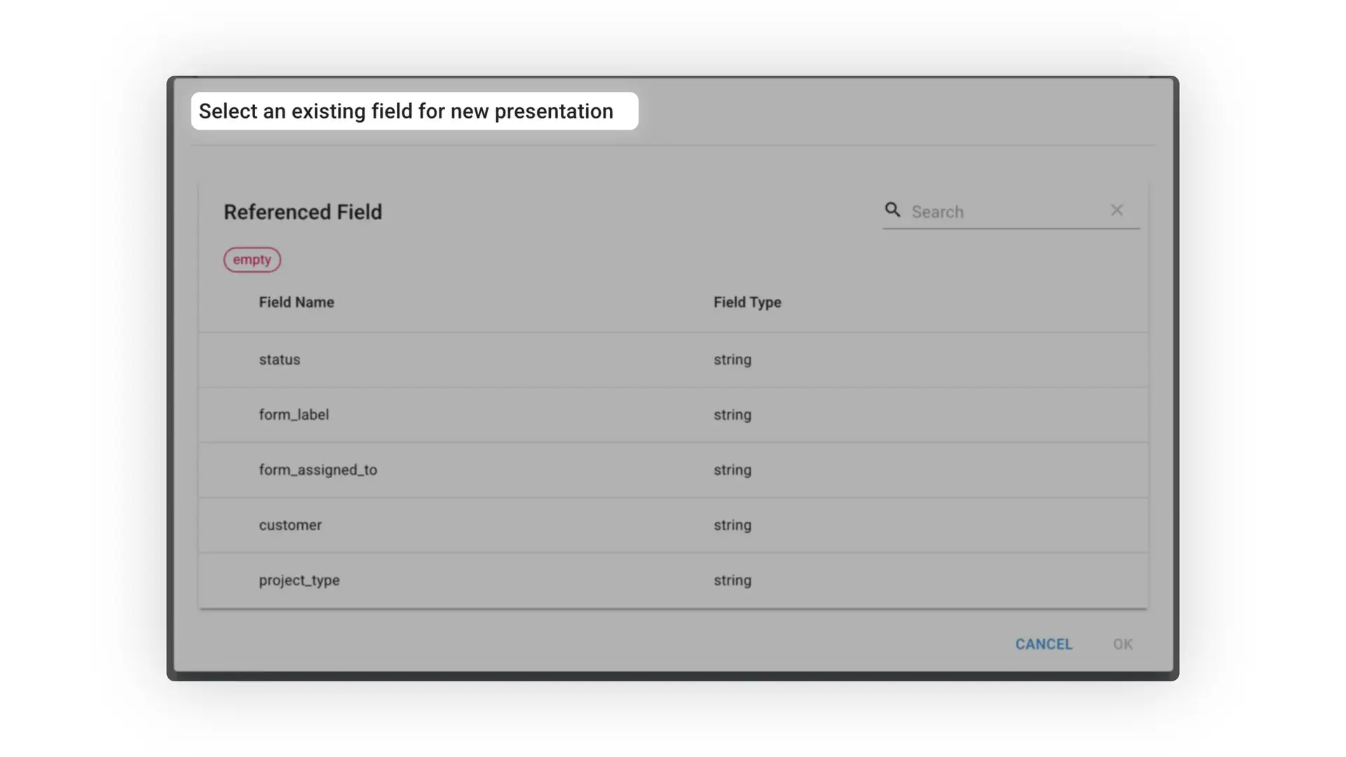 Mirata Forms - Select an existing field for new presentation dialog box