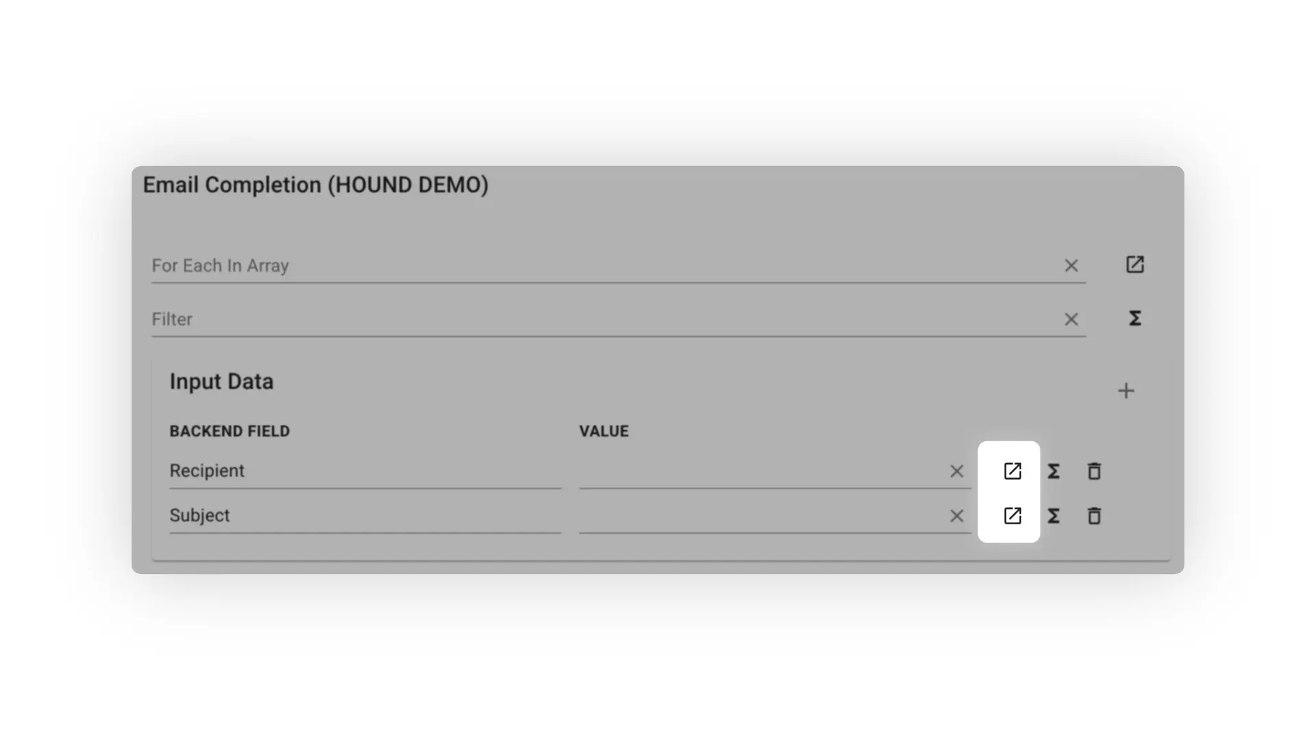 Mirata Email Completion workflow interface showing input fields and data configuration options.