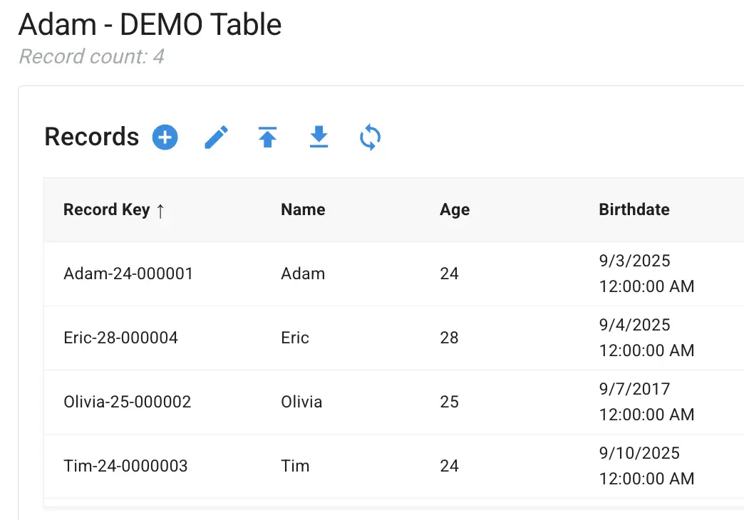 Mirata Data Management - Adam DEMO Table with records