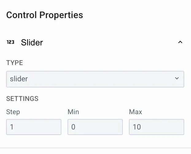 Mirata Control Properties section for configuring a numeric slider