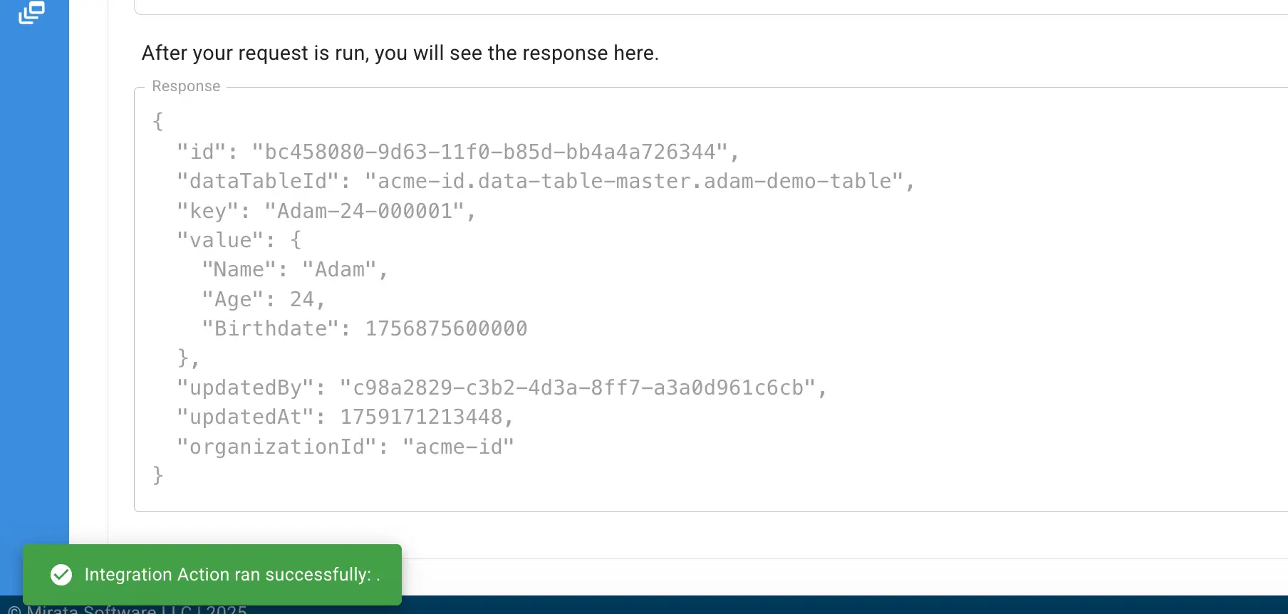 Mirata Data Management - Data Table Request Response