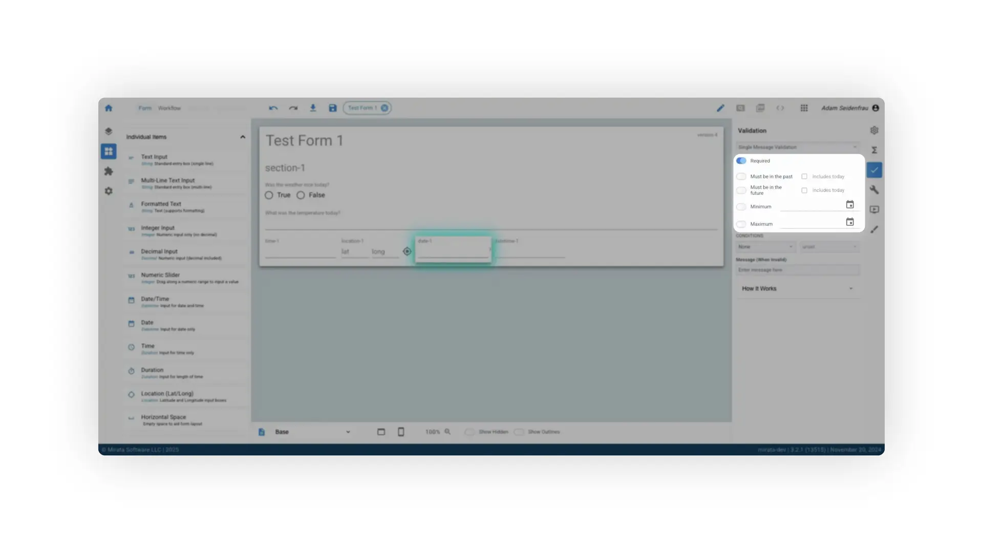 Mirata form creation interface showing Test Form 1 with validation settings.