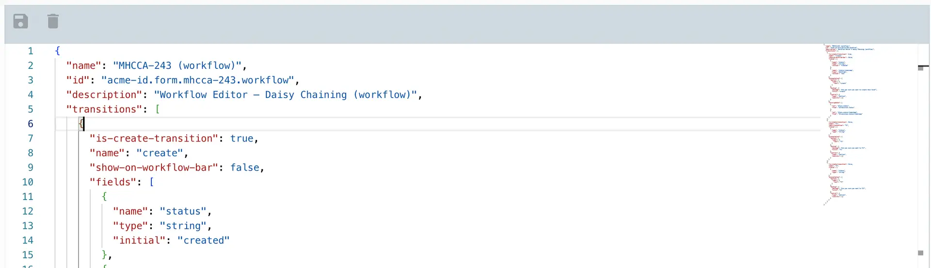 Mirata Workflow Editor Daisy Chaining JSON configuration screen