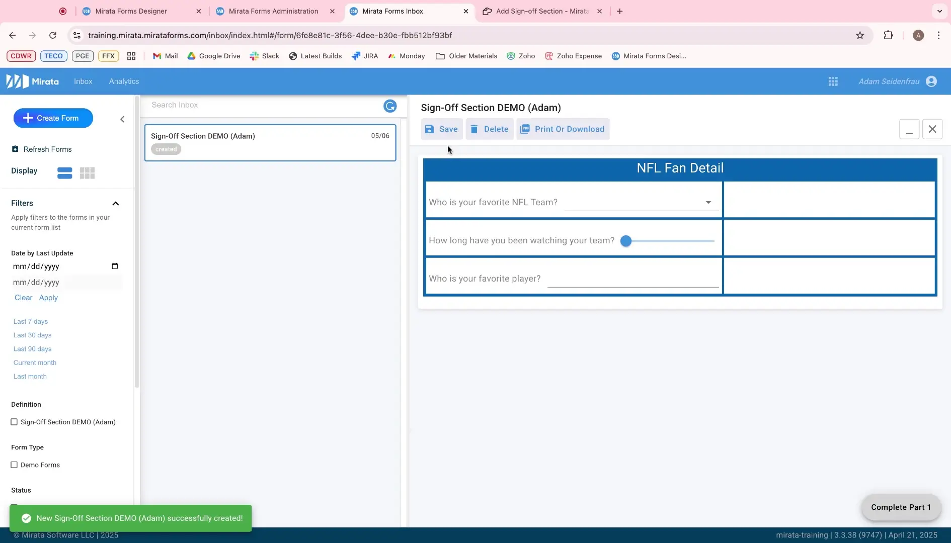 Mirata Forms Inbox - Sign-Off Section DEMO (Adam) workflow interface