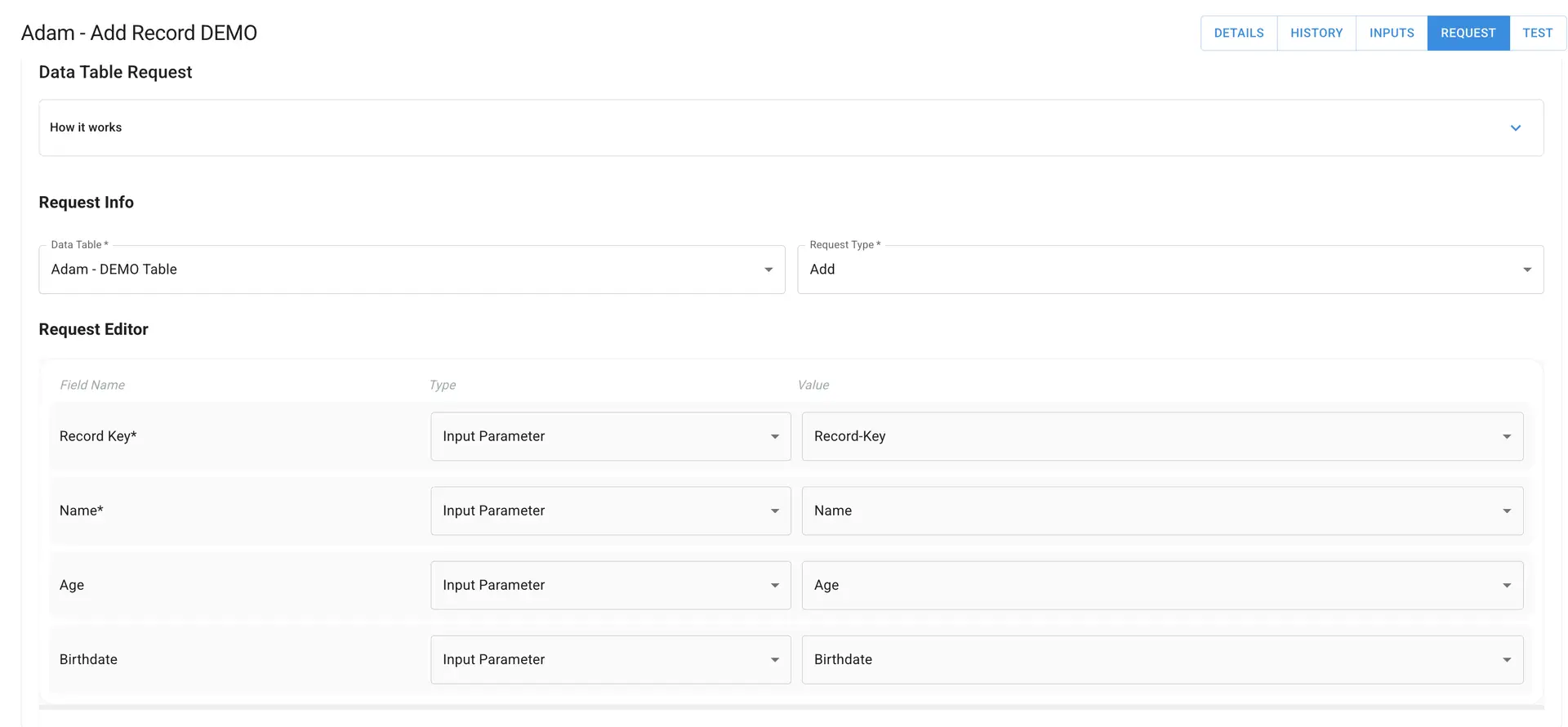 Mirata Add Record DEMO Data Table Request page showing request info and editor fields