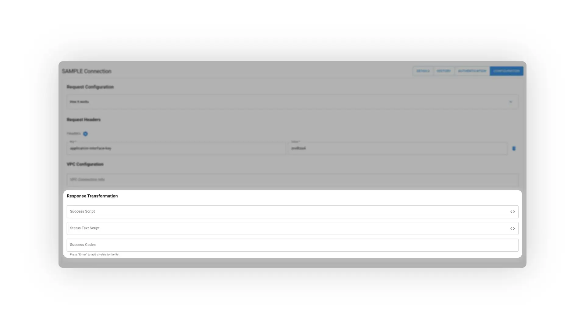 Mirata Integration Configuration Page for SAMPLE Connection