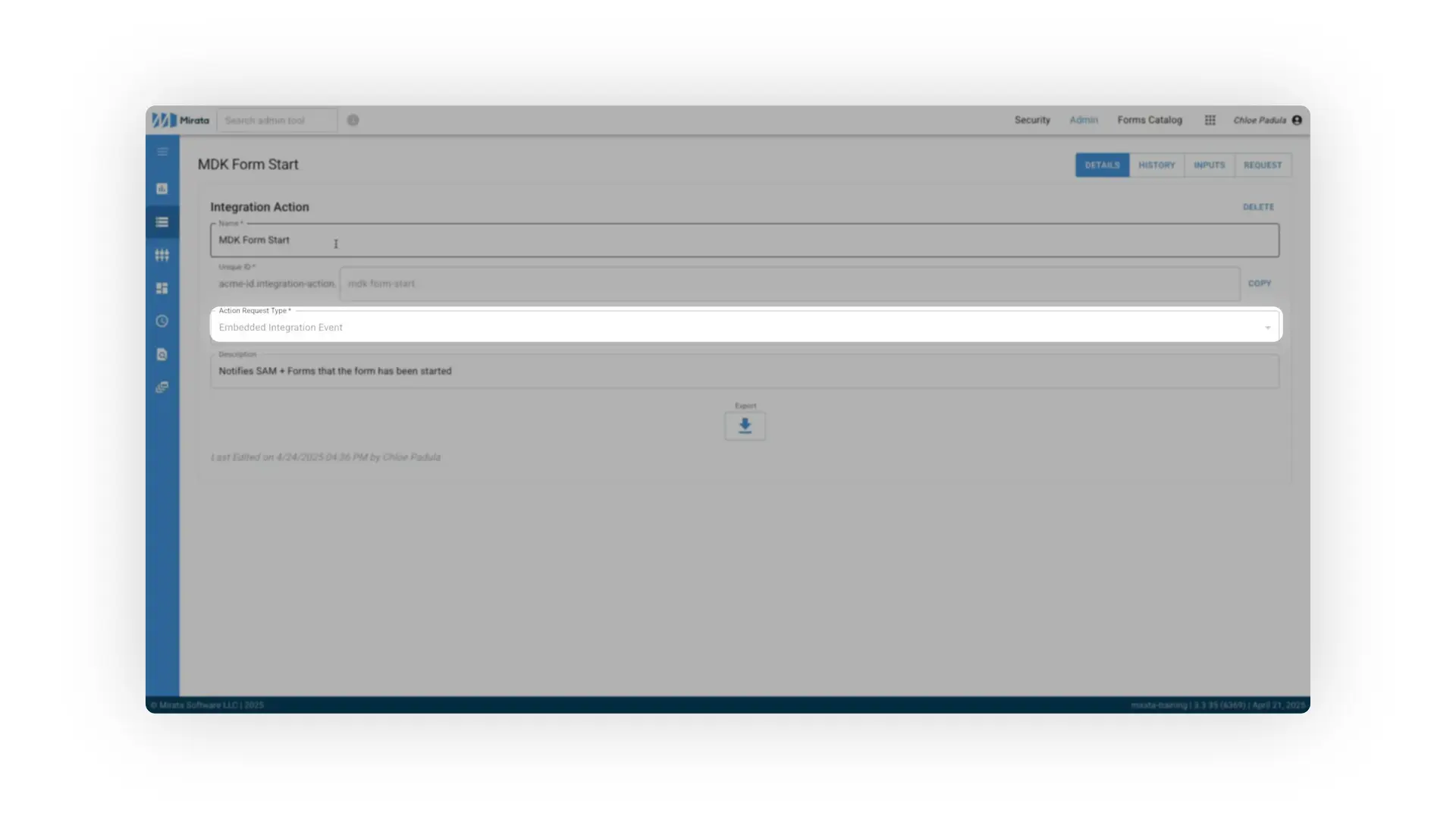 Mirata MDK Form Start Integration Action page