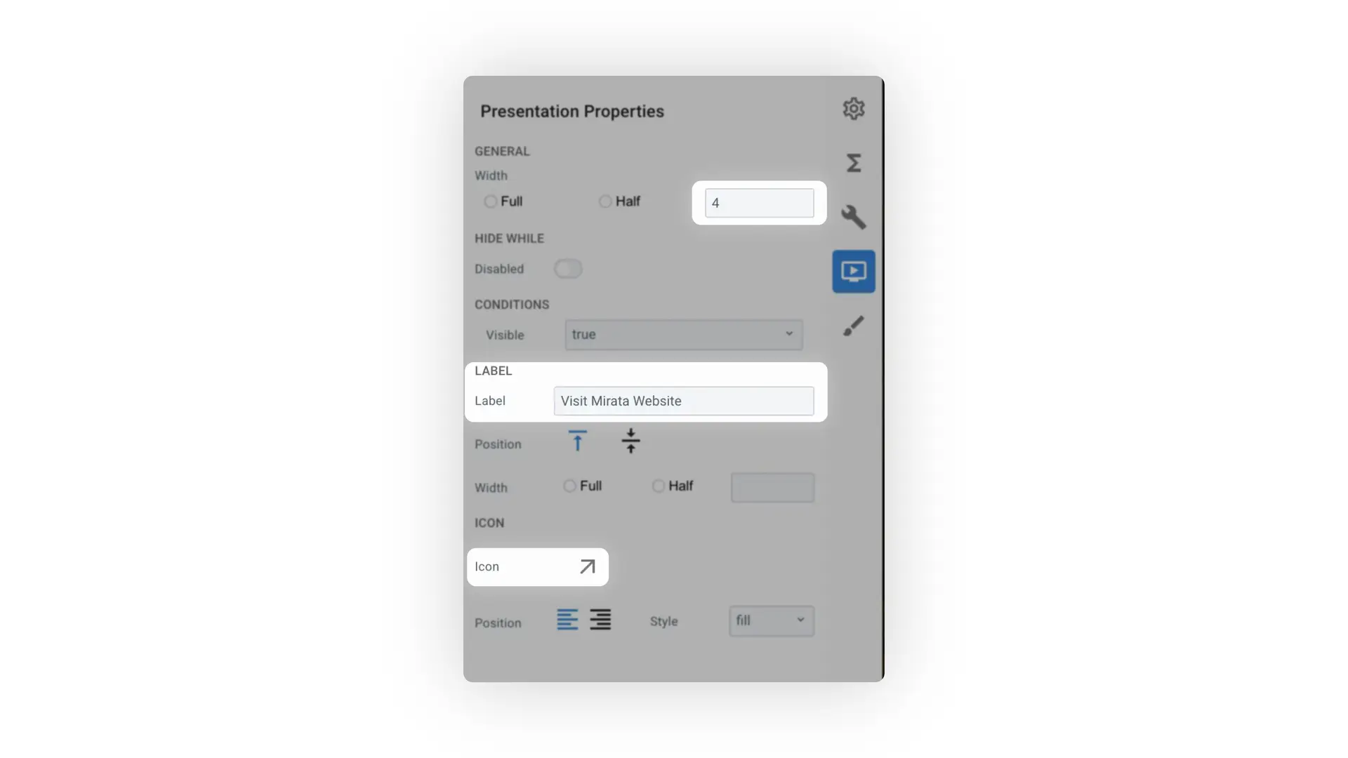 Mirata Presentation Properties panel for button styling in forms