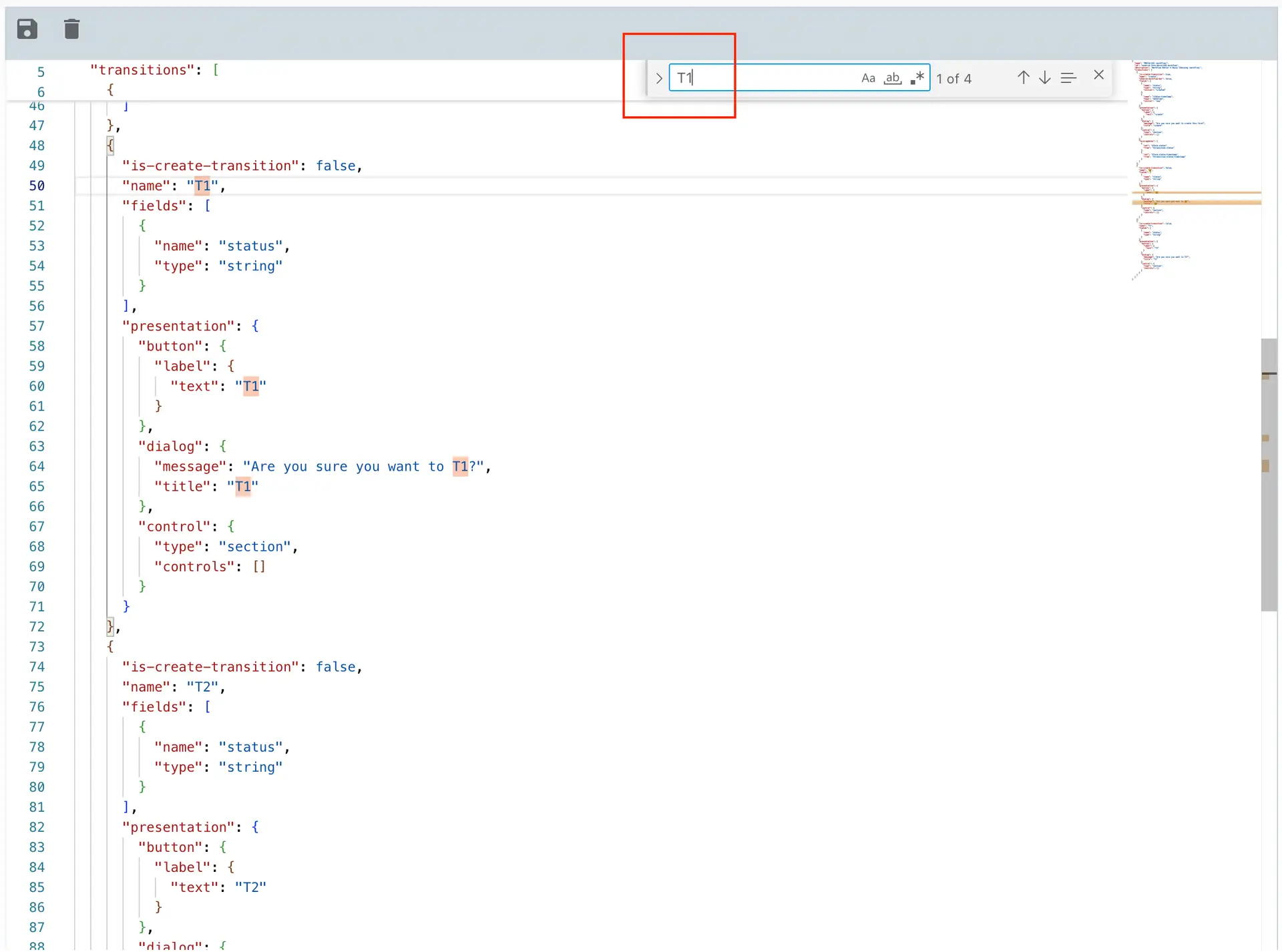 Mirata Workflow Editor showing JSON configuration for transitions with search bar highlighting 'T1'.