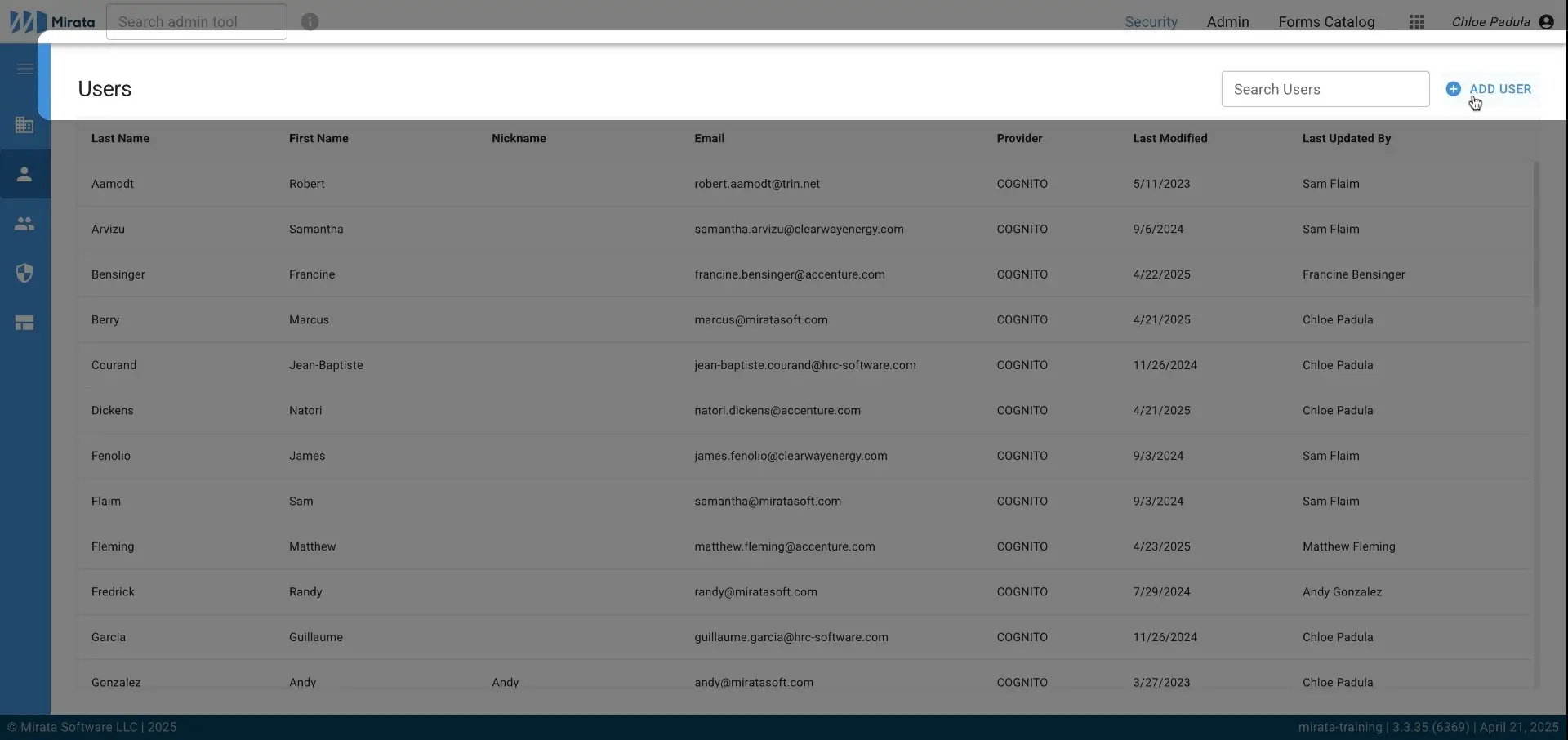 Mirata User Management screen showing a list of users with options to search and add new users.