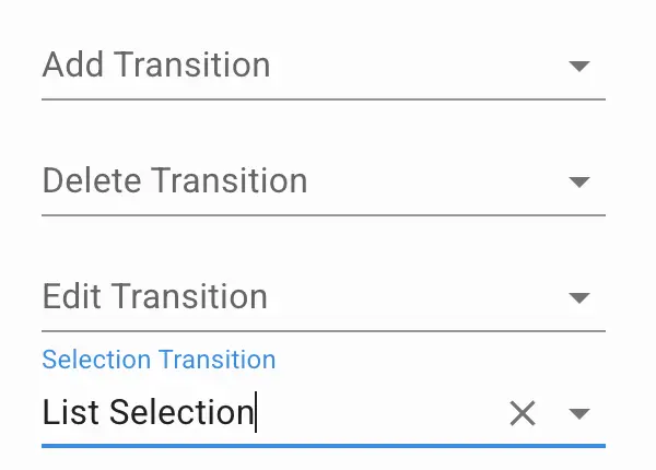 Mirata Forms Customized List Transitions interface with options to add, delete, and edit transitions.