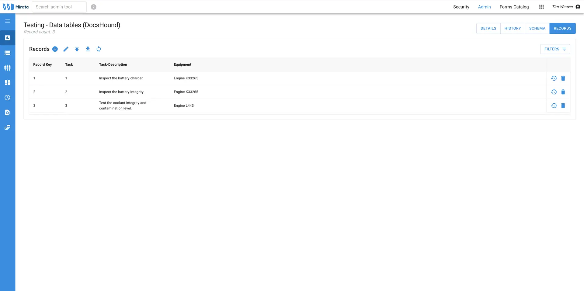 Mirata platform displaying a data table in the form list under the Testing - Data tables section.