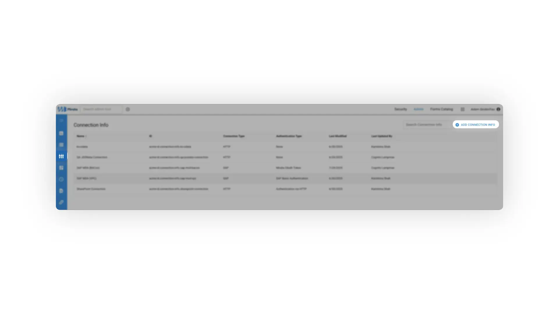Mirata Admin Connection Info page showing a list of external connections with details such as name, ID, connection type, and authentication type.
