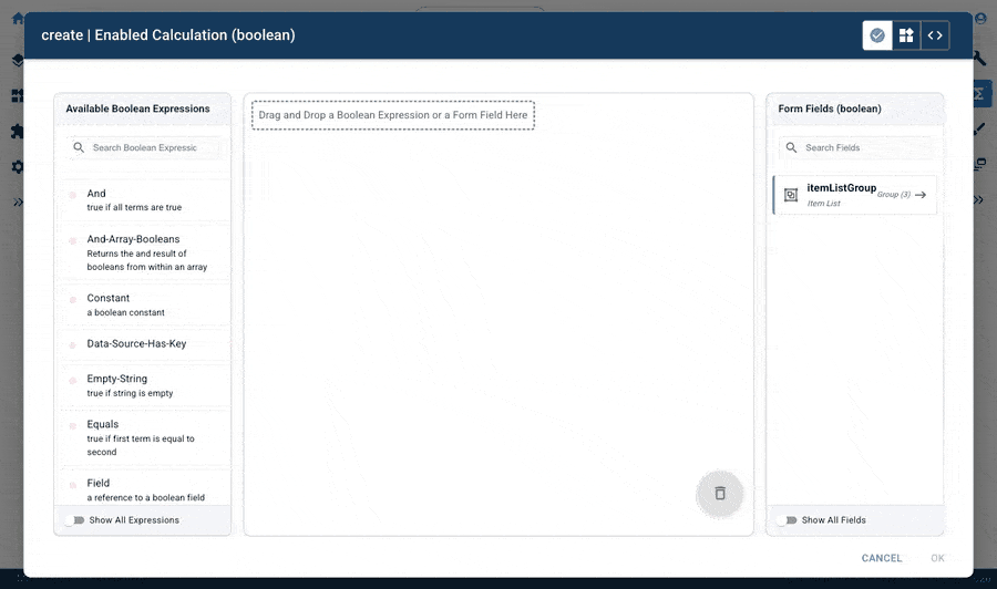Mirata Enabled Calculation boolean interface for configuring form logic with available boolean expressions and form fields.
