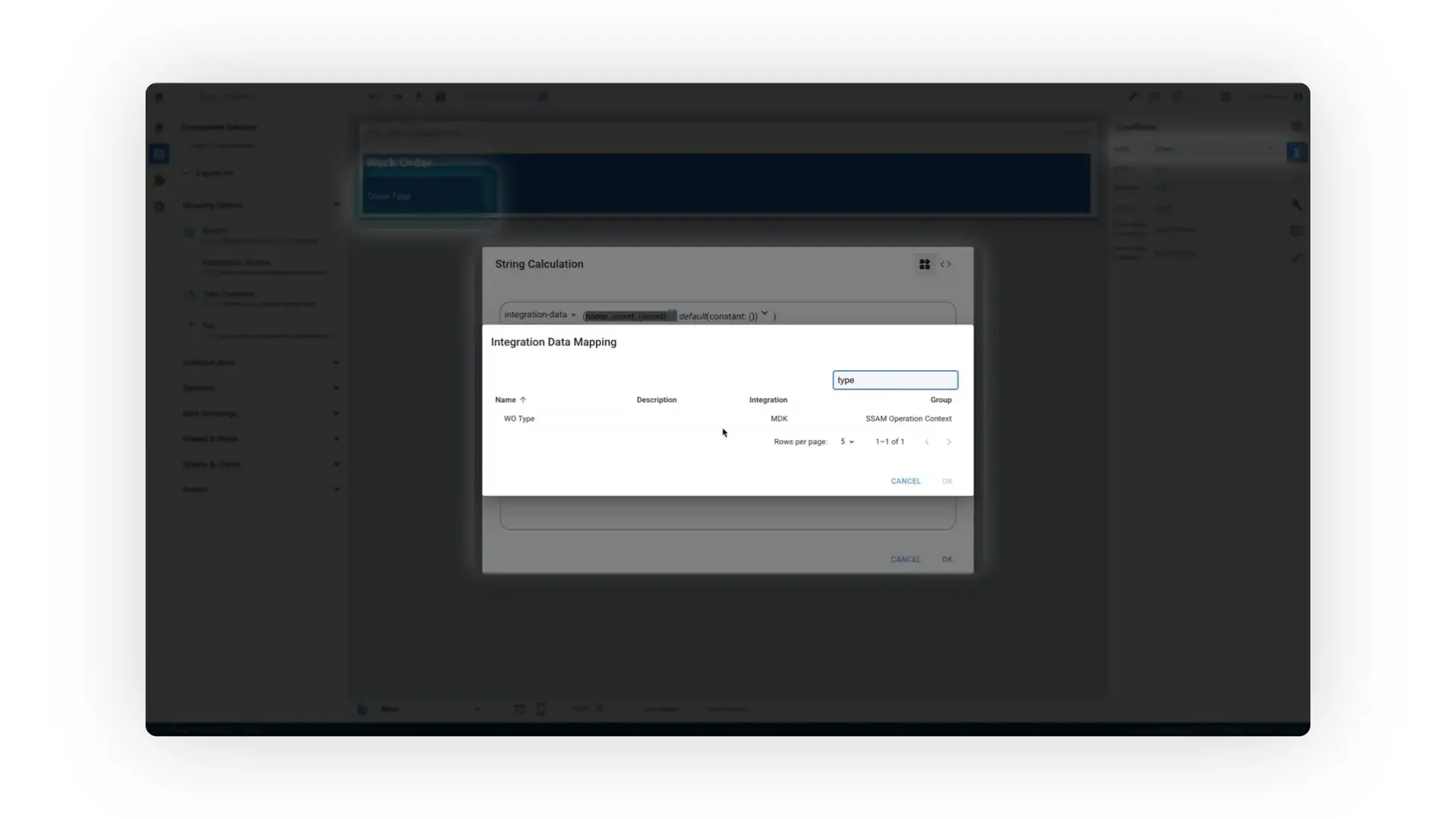 The user is configuring the integration data mapping within the Mirata Forms Designer, specifically focusing on the 'type' field for the 'WO Type' integration.