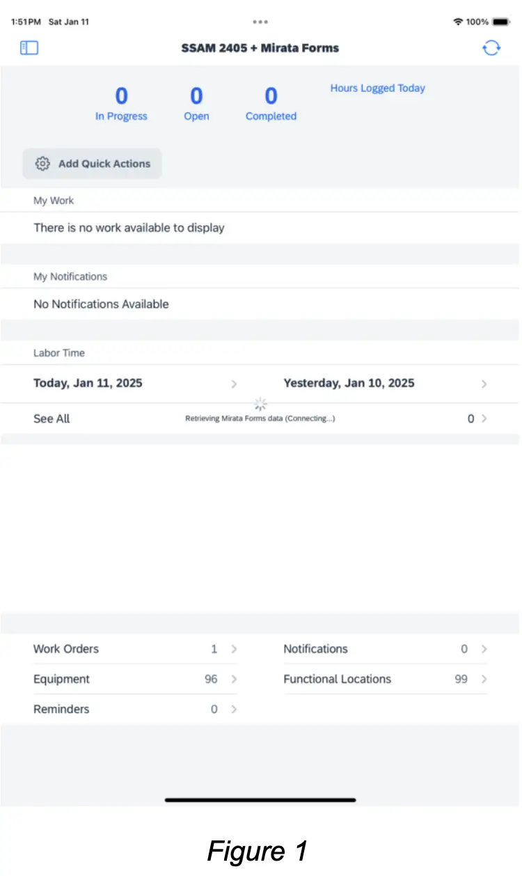 SSAM 2405 + Mirata Forms interface showing work status, notifications, and labor time details.