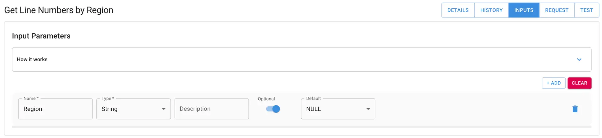 Mirata Forms screen for creating dependent dropdowns with input parameters for 'Get Line Numbers by Region'.