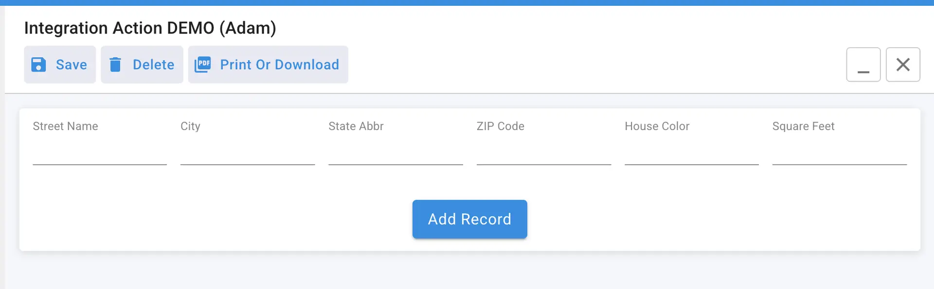 Mirata Integration Action DEMO screen for managing workflow records.