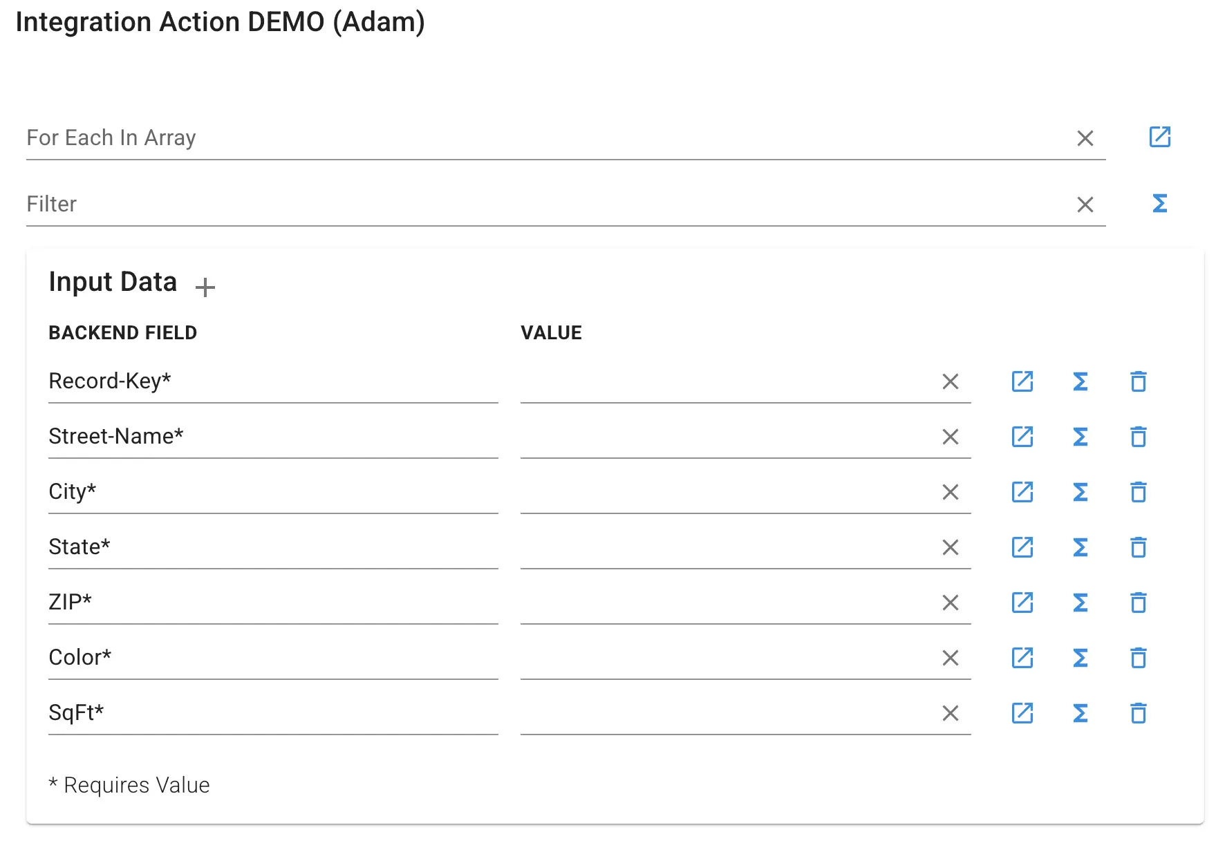 Mirata Integration Action DEMO screen showing input data fields for workflow configuration.