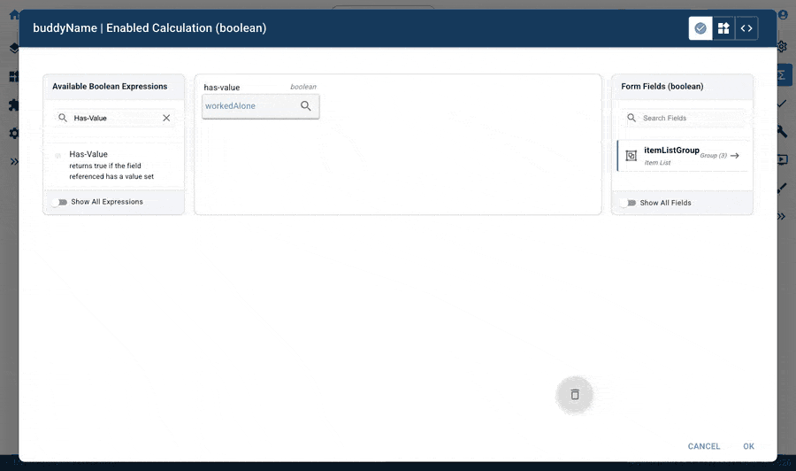 Mirata Calc Editor screen for boolean calculations in forms