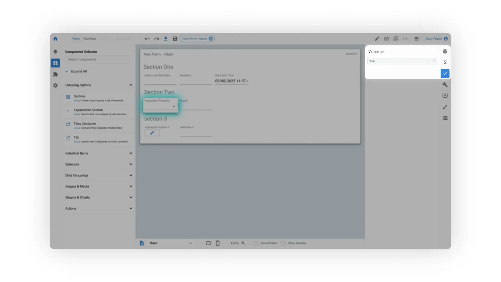 Mirata form creation interface showing form field validations with sections and component selector.