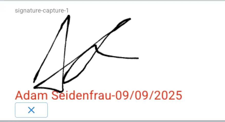 Mirata Forms signature capture with a signature and name-date annotation.