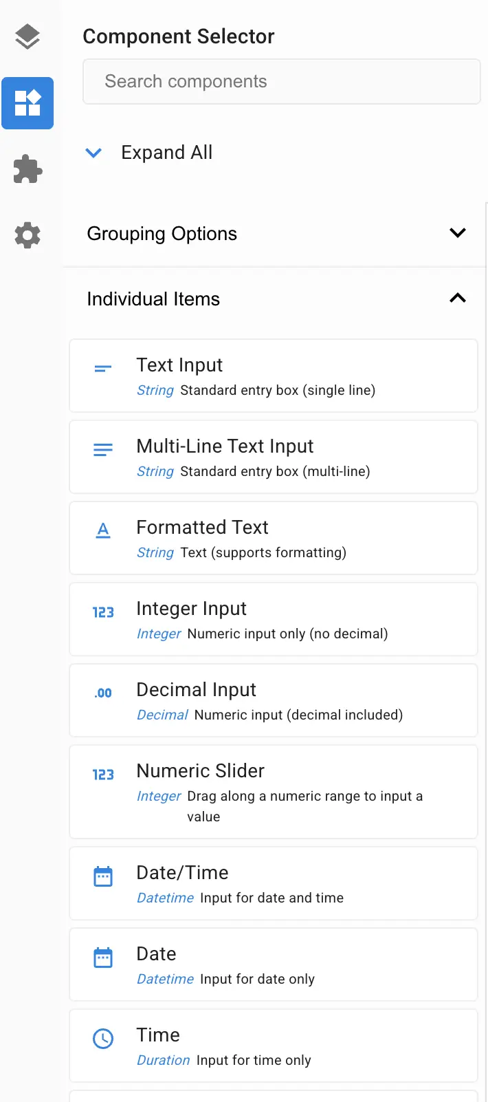 Mirata Component Selector panel showing Individual Items section with various input components like Text Input, Date/Time, and Numeric Slider.