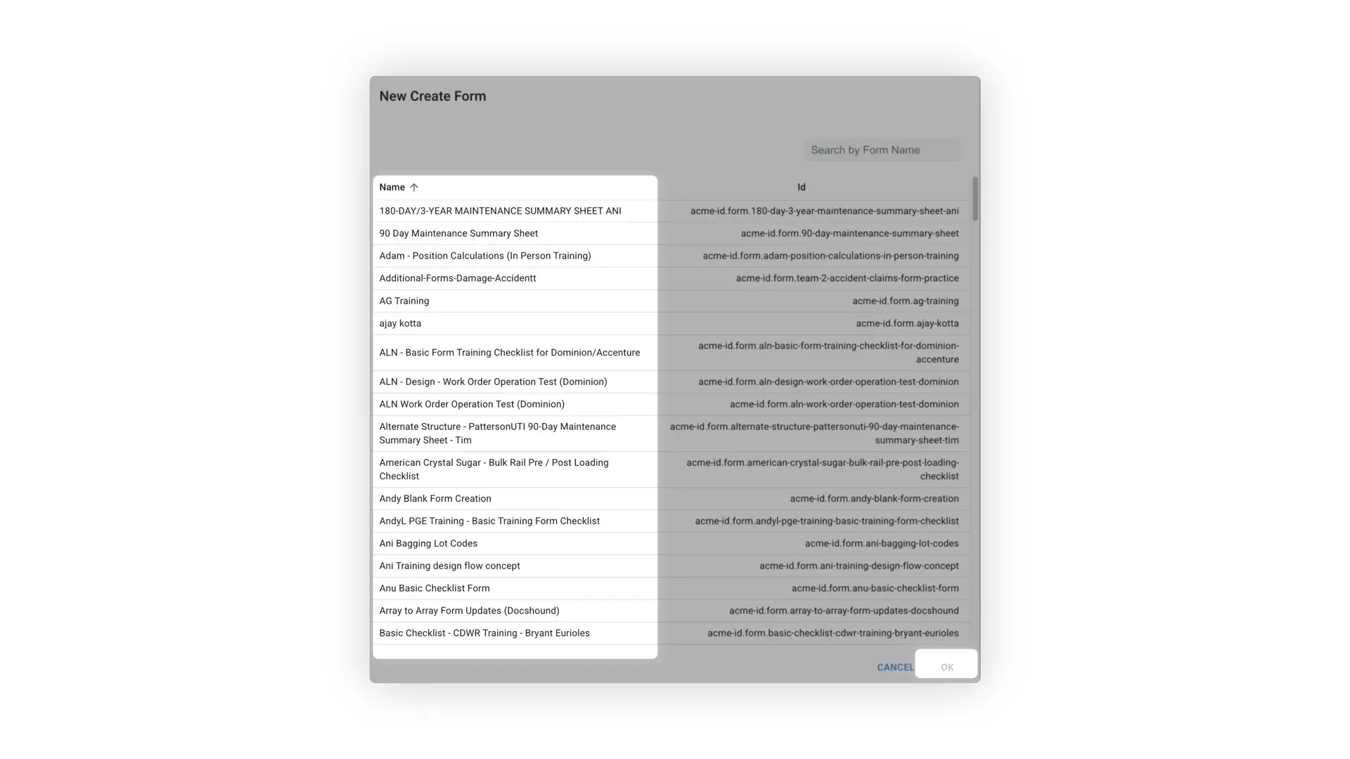 Mirata New Create Form screen showing a list of form templates with names and IDs.