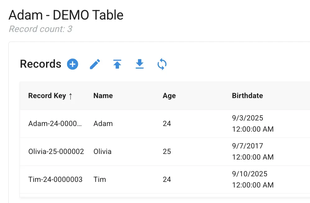 Mirata Data Management - Adam DEMO Table with 3 records