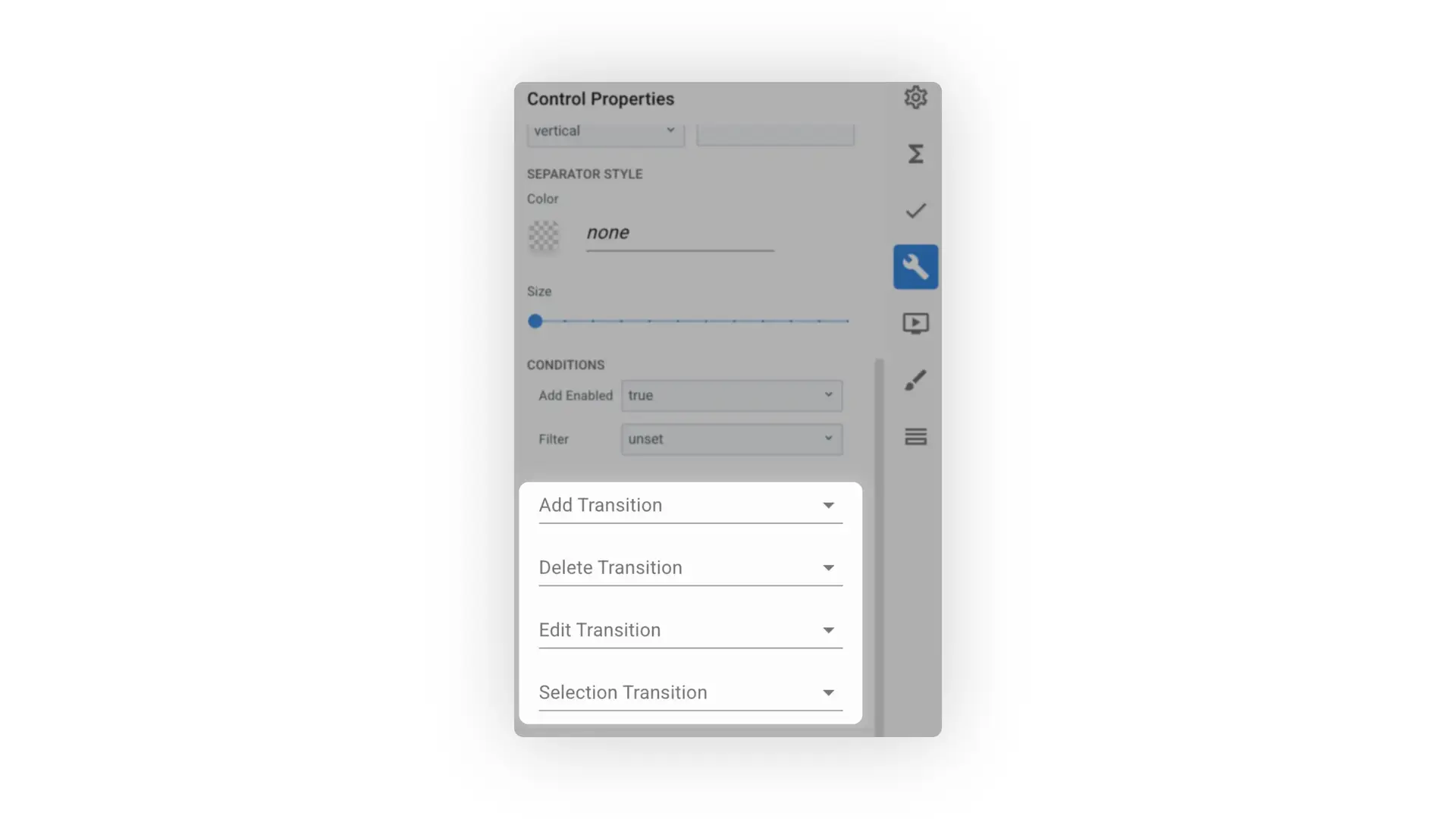 Mirata Forms Control Properties panel for customizing list transitions