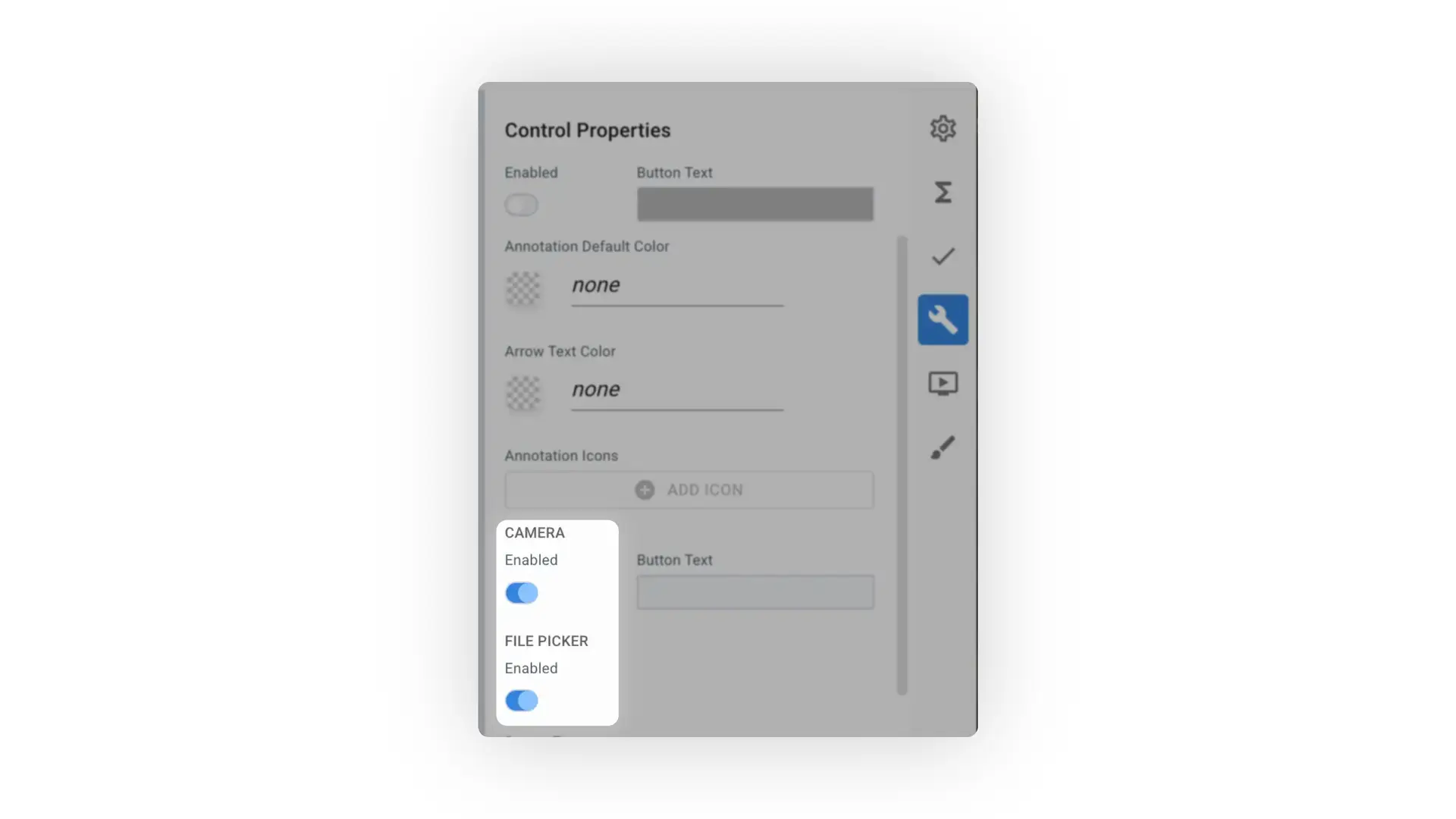 Mirata Control Properties panel for form configuration with options for enabling controls, setting button text, annotation colors, and enabling camera and file picker features.