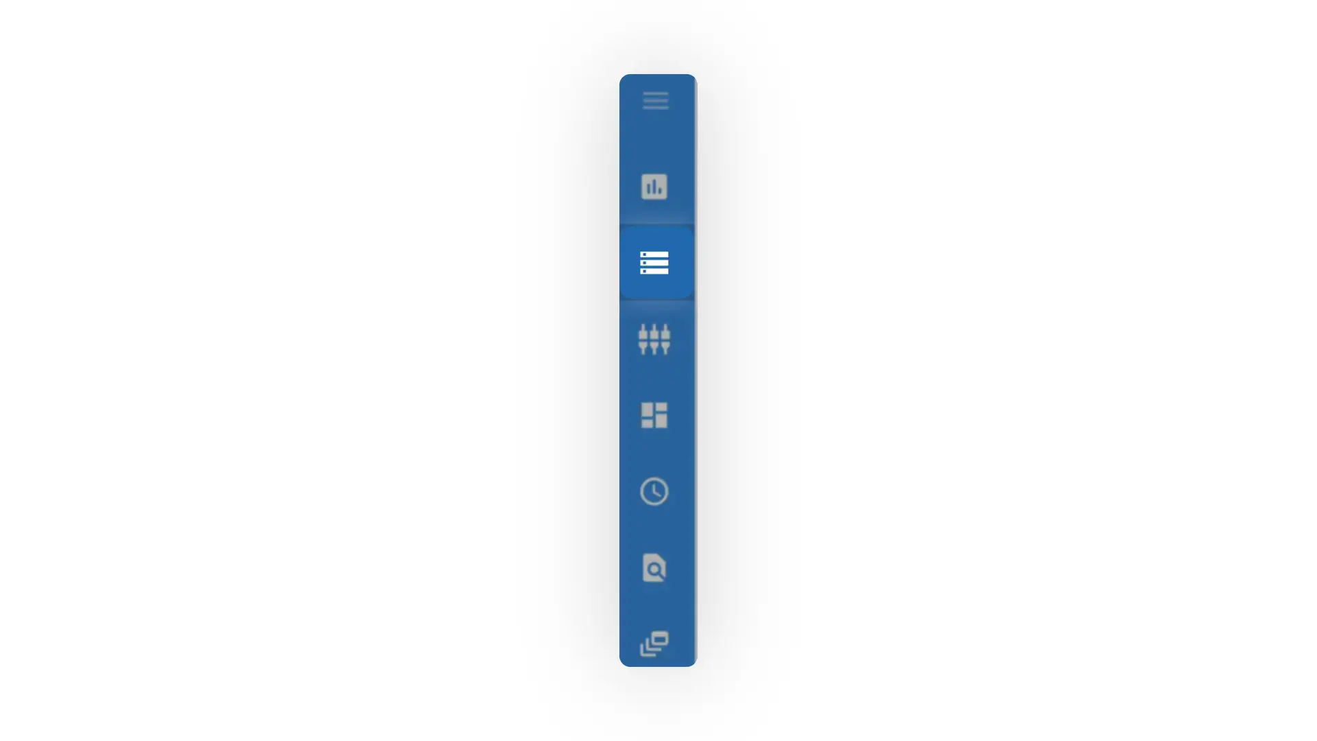 Mirata platform vertical navigation bar with icons for menu, dashboard, list, workflow, grid, clock, search, and stack.