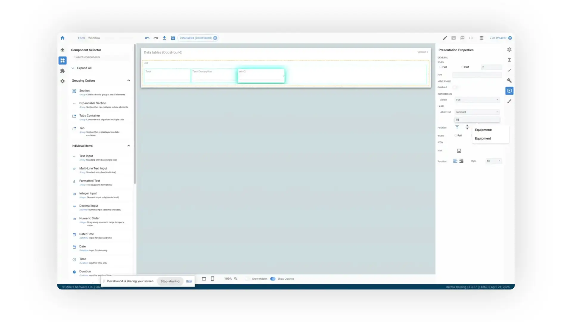 The user is editing the label text for a data table column in the Mirata platform, specifically setting the label to "Equipment".