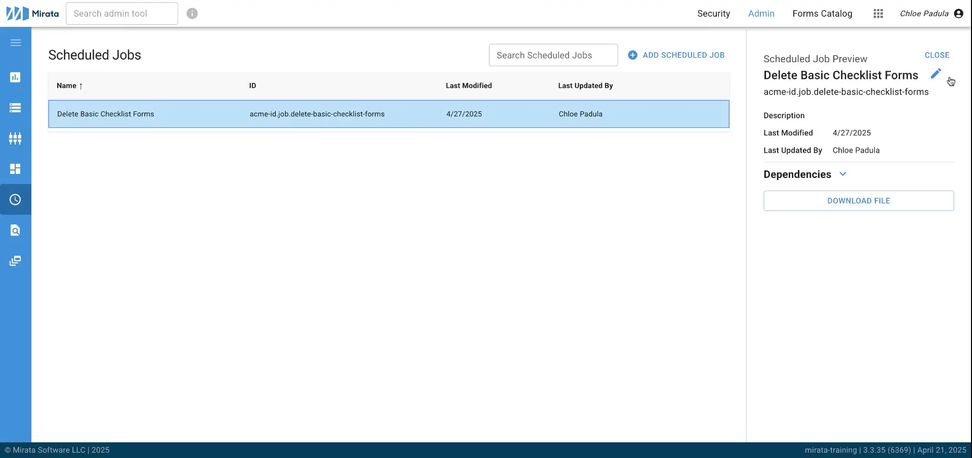 Mirata Scheduled Jobs page showing job details and options for managing workflows.