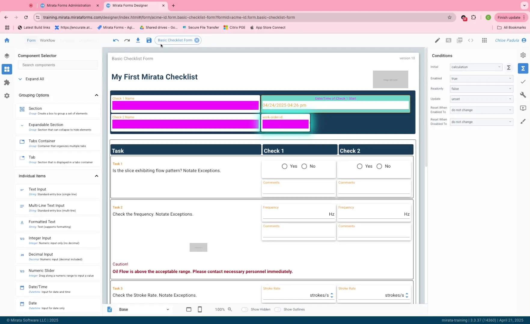 Mirata Forms Designer interface showing a basic checklist form with task and check sections.