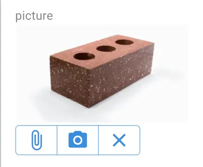 Mirata Forms feature showing image of a brick with attachment, camera, and delete options.