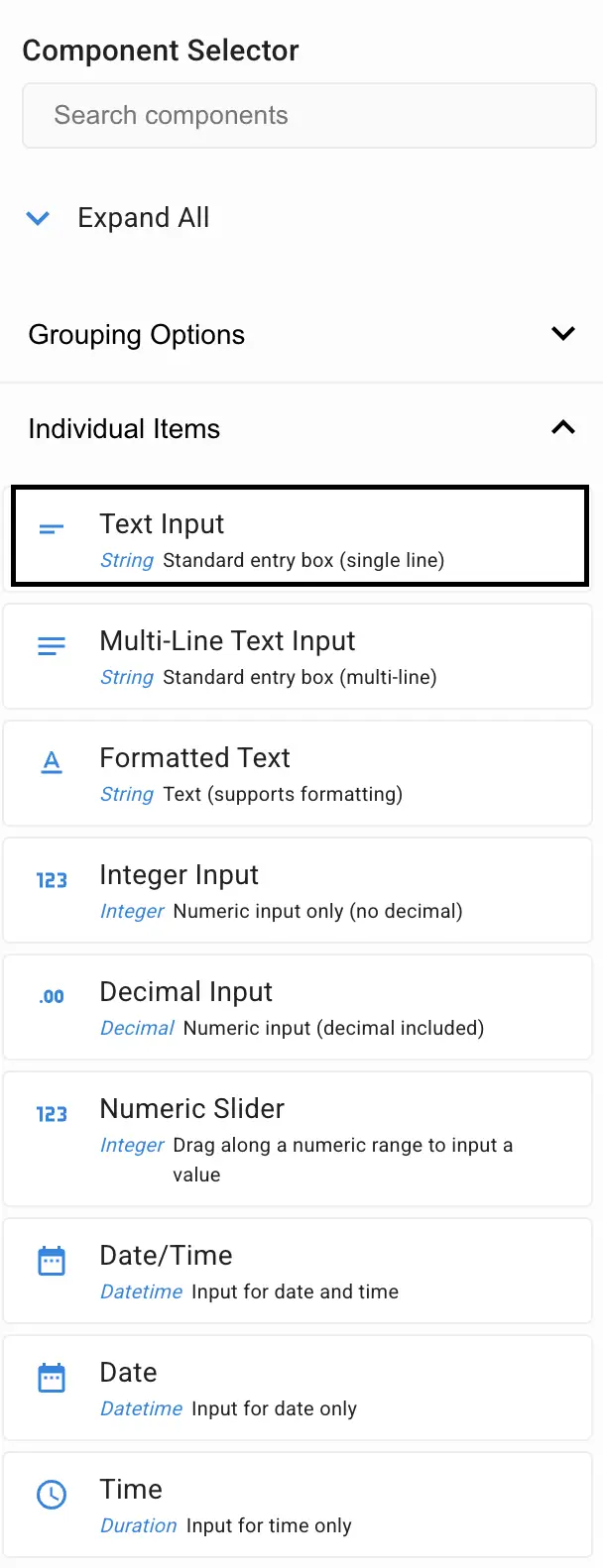 Mirata Component Selector showing Individual Items like Text Input and Date/Time