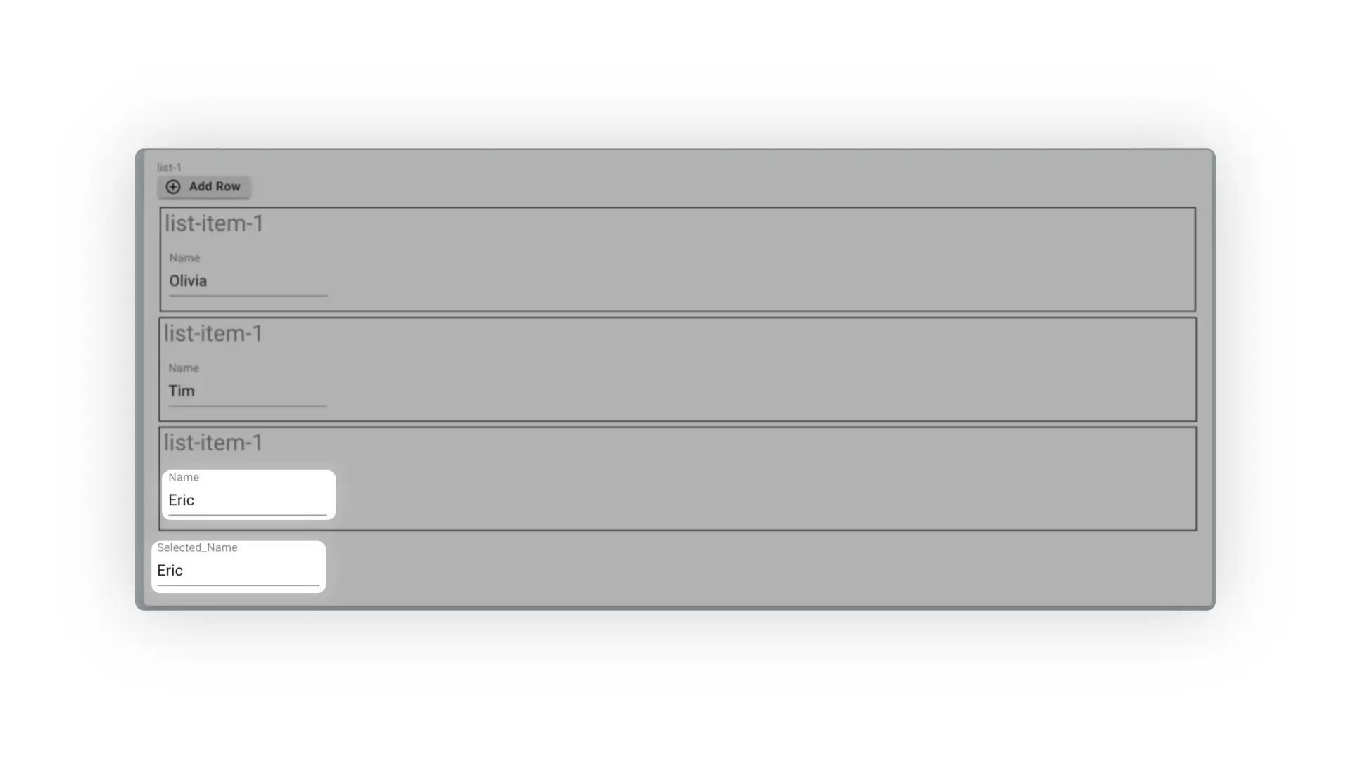 Mirata platform form feature showing list-1 with names Olivia, Tim, and Eric, and a Selected_Name field displaying Eric.