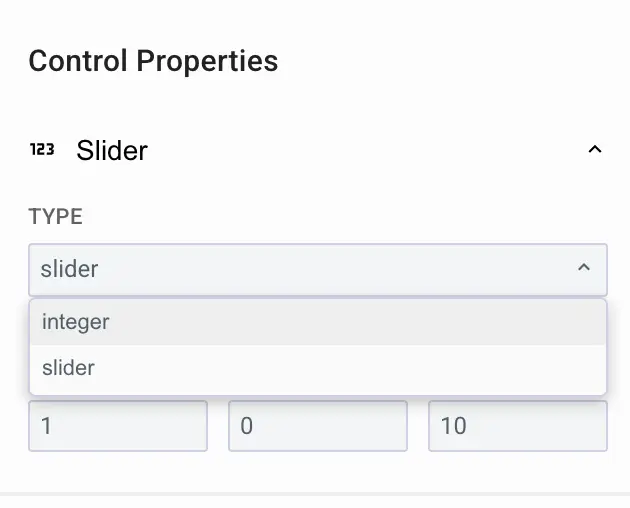 Mirata Control Properties Slider Component with type selection and value fields